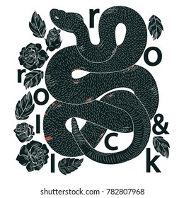 Snake hand drawn vector illustration.Snake and rose vector print.Rock and roll tee shirt design.