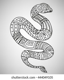 Snake. Hand-drawn with ethnic pattern. Coloring page - isolated on a white background. Zendoodle patterns. Vector illustration.