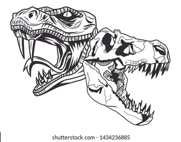 snake head and dinosaur skeleton head drawn in black and white tattoo icon vector illustration graphic design