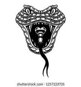 Snake head illustration in engraving style. Design element for logo, label, sign, poster, t shirt. Vector illustration