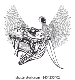 snake head with knife and wings drawn in black and white tattoo icon vector illustration graphic design