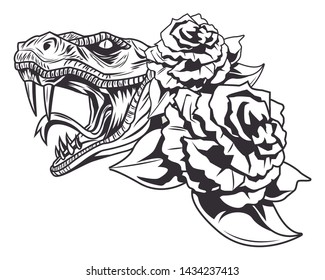 snake head and roses drawn in black and white icon vector illustration graphic design