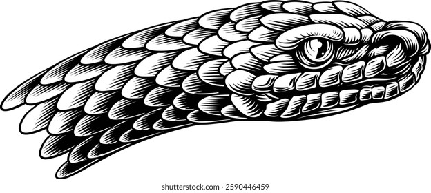 A snake head in a vintage woodcut engraved etching illustration style