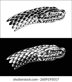 A snake head in a vintage woodcut engraved etching illustration style