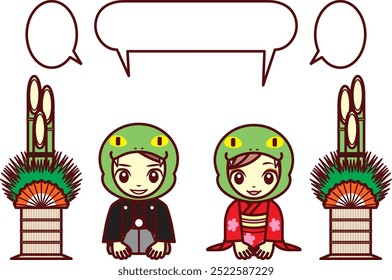 Snake headgear, kimono, sitting upright, illustration set