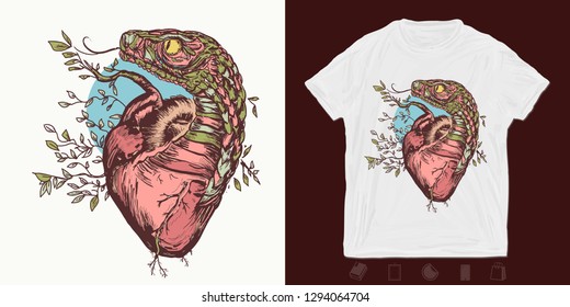 Snake and heart. Print for t-shirts and another, trendy apparel design. Symbol of love, envy, evil 