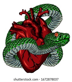 Snake and heart tattoo. Symbol of love, envy, evil t-shirt design vector