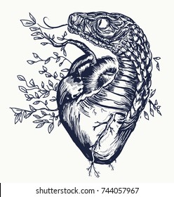 Snake and heart tattoo. Symbol of love, envy, evil t-shirt design 