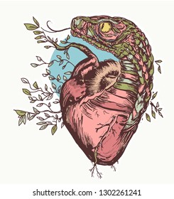Snake and heart tattoo and t-shirt design. Symbol of love, envy, evil 