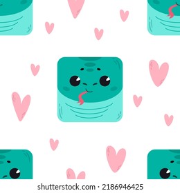 Snake with hearts. Pattern with cute cartoon animals. Kawaii children's print with pets. Vector illustration for fabric, paper, wallpaper, packaging