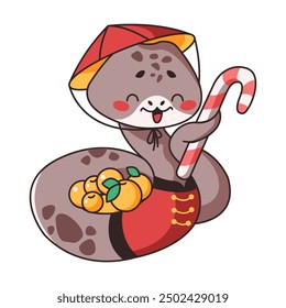 Snake holding lollipop sitting among apples in flat color style. Kawaii snake brings elements of celebration and abundance on white background