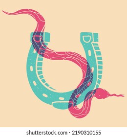 Snake and horseshoe. Colorful cute screen printing effect. Riso print effect. Vector illustration. Graphic element  for fabric, textile, clothing, wrapping paper, wallpaper, poster. 