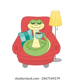 Serpiente con bebida caliente en una silla roja. Lámpara de pie. Dibujos animados, Ilustración vectorial aislada eps 10