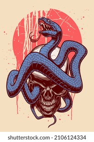 Snake and human skull on the abstract background. Digital ink vector drawing.