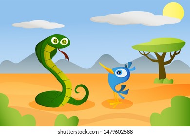 Snake hypnotizes a bird on the background of Africa