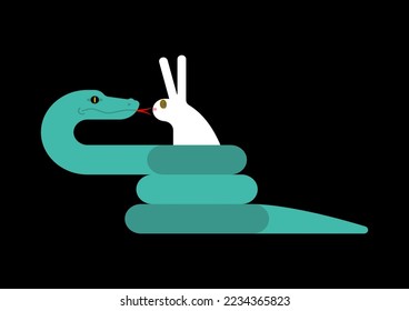 Snake hypnotizes rabbit. Snake wrapped around hare