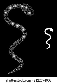 Snake icon and constellation net mesh snake structure with illuminated light spots. Illuminated model done using snake vector icon and triangulated mesh. Glossy carcass snake, on a black background.