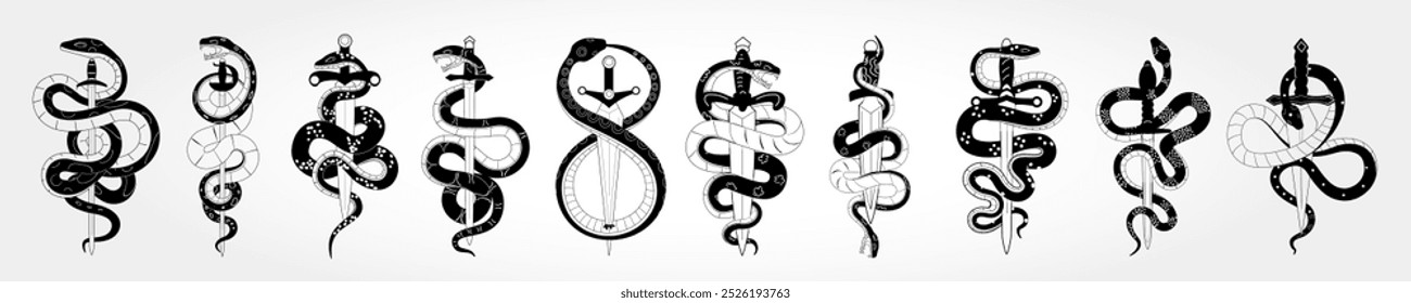 Icono de serpiente. Colección de reptil de diseño de logotipo. Silueta negra gráfica animal, signo de la piel del tatuaje de la serpiente, cobra y anaconda. Símbolo cuchillo veneno de víbora. Espada de elemento. Conjunto de emblema aislado del año Nuevo del Vector