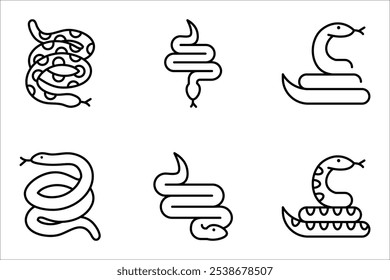 Ícone de cobra definido. Coleção de ilustrações de vetor de cobras sobre fundo branco. 2025 Ano Chinês do