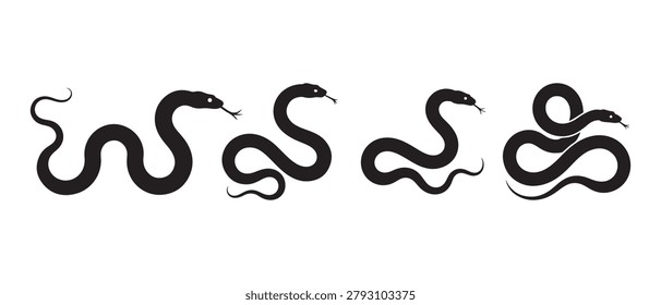 Snake Icon Set with Five Black Silhouettes in Different Curved Poses.