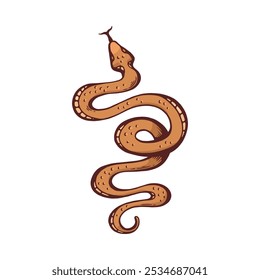 Ícone de cobra. Serpente manchada com língua para fora. Víbora marrom dos desenhos animados, jiboia ou animal predador do réptil anaconda. Fauna selvagem venenosa exótica. Ilustração desenhada à mão em vetor isolada