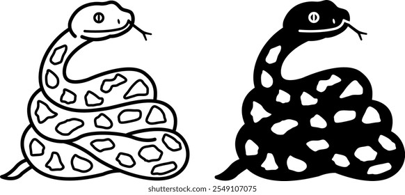 Snake Icons. Black and White Vector Illustration. Predatory Poisonous Snake with Tongue Out. For Coloring Book Design. Animal Concept