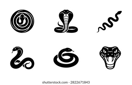 Snake icons collection featuring cobra silhouettes and serpentine shapes for wildlife branding and logo set.