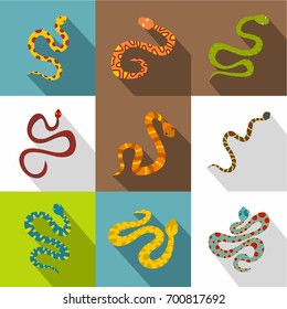 Snake icons set. Flat set of 9 snake vector icons for web with long shadow