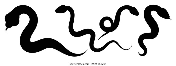 Snake icons vector illustrations.  Isolated snake silhouette. Vintage line snake. Vector illustration.
