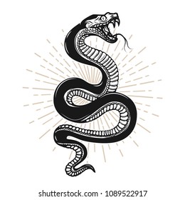 Snake illustration on white background. Design element for poster, t shirt, emblem, sign. Vector image