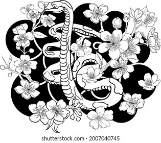Snake illustration for printing on T-shirt.Year of snake.Chinese new year zodiac sign of set.Chinese zodiac animal signs and Cherry blossom vector on background.
