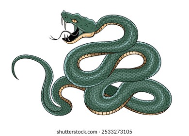 Snake illustration. Tattoo elements of snake skin. Vector illustration sketch of a traditional Chinese mythical animal. Green snake