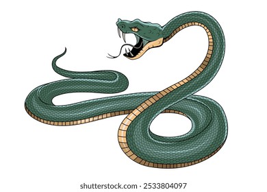 Snake illustration. Tattoo elements of snake skin. Vector illustration sketch of a traditional Chinese mythical animal. Green snake