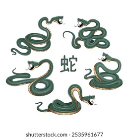 Snake illustration. Tattoo elements of snake skin. Vector illustration sketch of a traditional Chinese mythical animal. Green snake