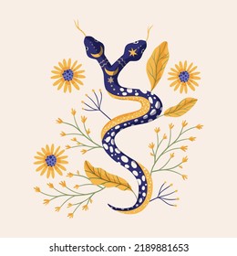 Snake Illustrations Vector Design Alchemy Flower. Python Vintage Shirt Print