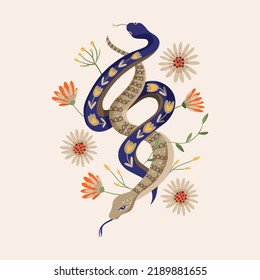 Snake Illustrations Vector Design Alchemy Flower. Python Vintage Shirt Print