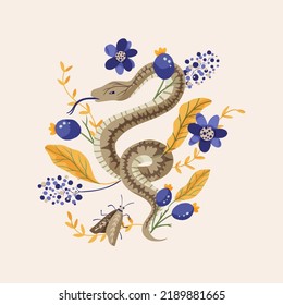 Snake Illustrations Vector Design Alchemy Flower. Python Tropical Vintage Shirt Print