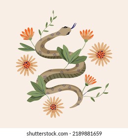 Snake Illustrations Vector Retro Design Alchemy Flower. Python Vintage Shirt Print