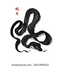 Snake. Ink hand drawn animal. Chinese Brushwork. Chinese new year symbol. Asian lunar calendar beast. Chinese text means "The year of the snake"