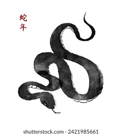 Snake. Ink hand drawn animal. Chinese Brushwork. Chinese new year symbol. Asian lunar calendar beast. Chinese text means "The year of the snake"