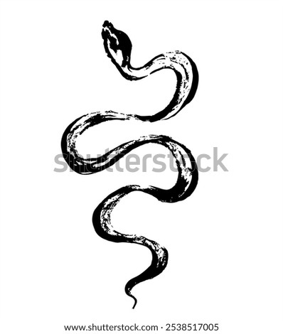 Snake. Ink hand drawn animal. Illustration of a Japanese-style snake drawn with a brush. Brushwork. Chinese new year symbol. Asian lunar calendar beast. Silhouette