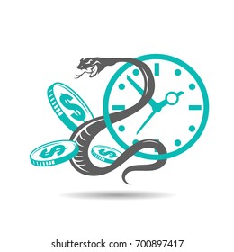Snake intertwined around a watch and money. Business icon and logo. Vector illustration