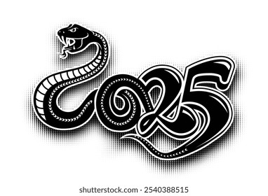 Snake intertwined in the shape of the number 2025. Serpent silhouette combined with numeric symbol for 2025 Chinese New Year. Vector in comic pop art style on transparent background