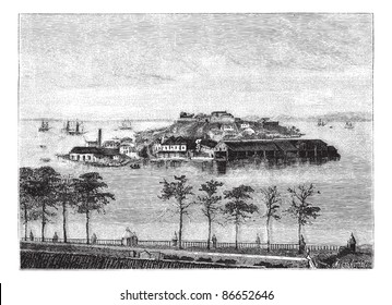 Snake Island in the Bay of Rio Janeiro. - Drawing Tirpenne, vintage engraved illustration. Magasin Pittoresque 1874.