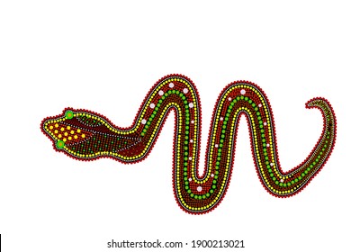 Snake isolated on white background. Australia aboriginal snake dot painting. Aboriginal styled python. Decorative ethnic style. Element for flyer, poster, banner, placard, brochure.Vector illustration