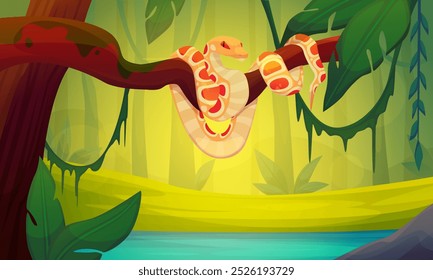 Serpiente en el fondo de la selva. Escena del bosque de dibujos animados. Animal venenoso. Serpiente en la rama del árbol. Fauna silvestre. Naturaleza de bosques tropicales. Reptil en la vida silvestre. Cobra rastrera. Una pitón exótica. Ilustración vectorial