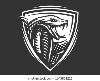 Snake, king cobra vector head, in the form of a shield illustration, logotype, print, emblem design on a black background.