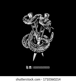 Snake and knifes. Design for printing on t-shirts, stickers and more. Vector.