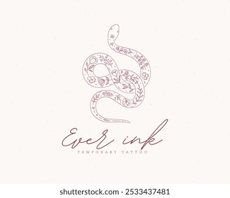 Snake label design lettering ever ink temporary tattoo drawing in floral style on beige background