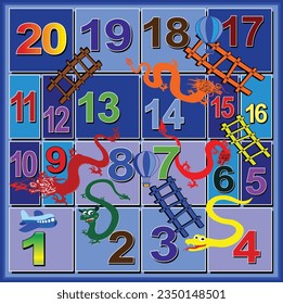 
Snake and ladder 20 steps board game for kids on light blue background. Ready to print